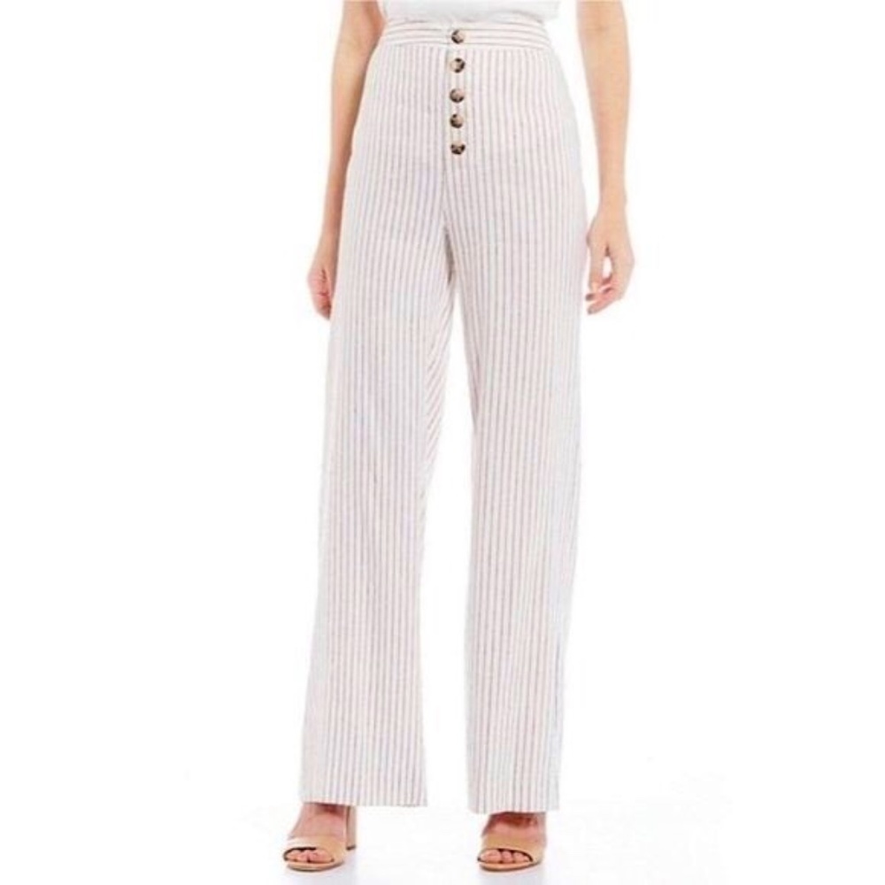 Linen Blend High Waist Wide Leg Button Front Pants